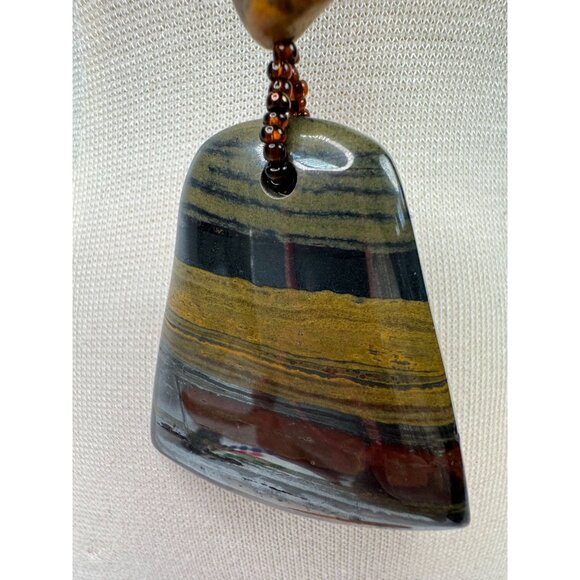 Handcrafted Beaded Necklace With Tigers Iron Pendant & Healing Stones 13" Long - Picture 4 of 16